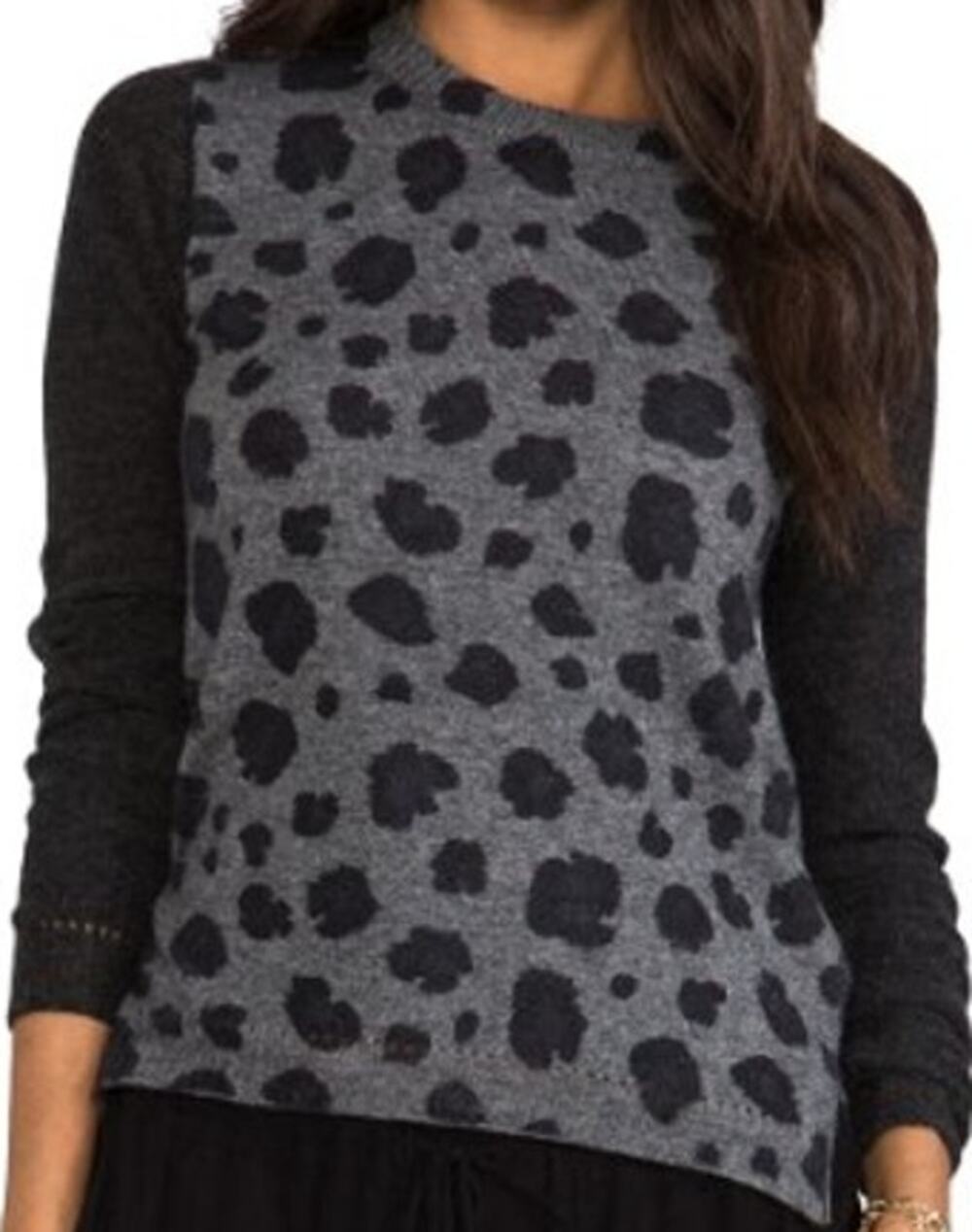 Rebecca Taylor Blocked Leopard Sweater Extrafine Lambswool Cashmere Rib Navy XS
